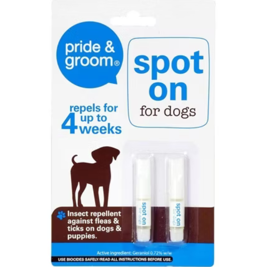 Pride & Groom Spot On Flea & Tick Repellent for Dogs – 2 Vials, 4 Weeks Protect
