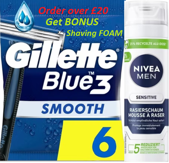 Gillette Blue 3 Razors – 6 in Pack – Buy Over £20 Get FREE NIVEA Shaving Foam!