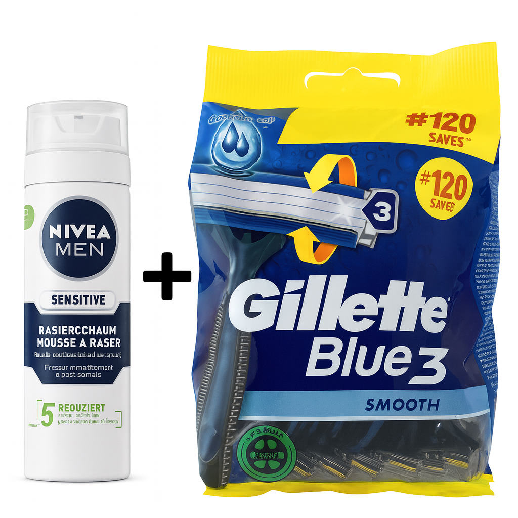 Gillette Blue3 Smooth Razors 12 Pack (120 Shaves) + NIVEA Men Shaving Foam 50ml
