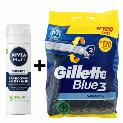 Gillette Blue3 Smooth Disposable Razors 12 Pack + NIVEA Men Shaving Foam 50ml