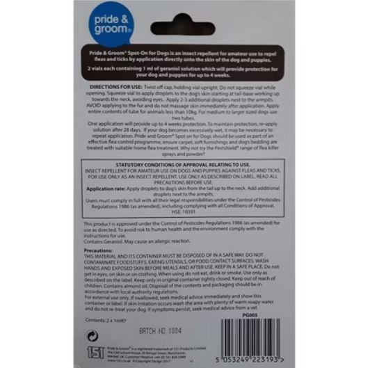 Pride & Groom Spot On Flea & Tick Repellent for Dogs – 2 Vials, 4 Weeks Protect