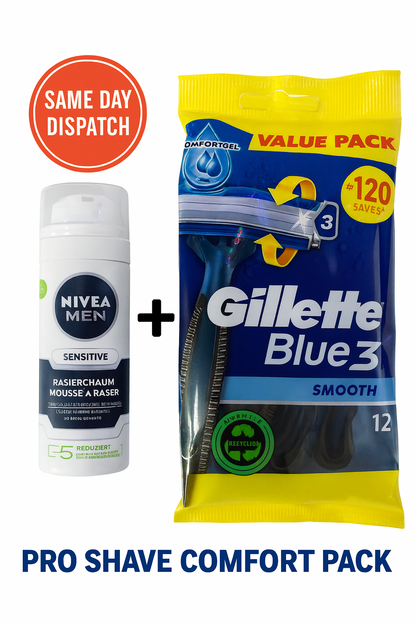 Gillette Blue3 Smooth Disposable Razors 12 Pack + NIVEA Men Shaving Foam 50ml