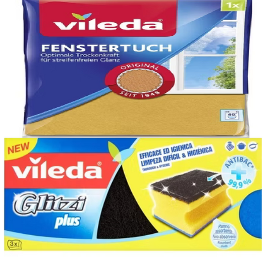 Vileda 629 Window Cloth 39x36cm / Vileda Glitzi Plus Kitchen Sponge 3 Pack / Cleaning Set